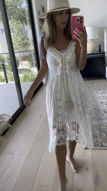 This lace boho dress is under $50! I’m wearing it as a cover up, but it has liner under so could easily be worn as a dress! I’m wearing a size small, it runs tts! So cute and fun for summer!! 

#LTKswim #LTKunder50