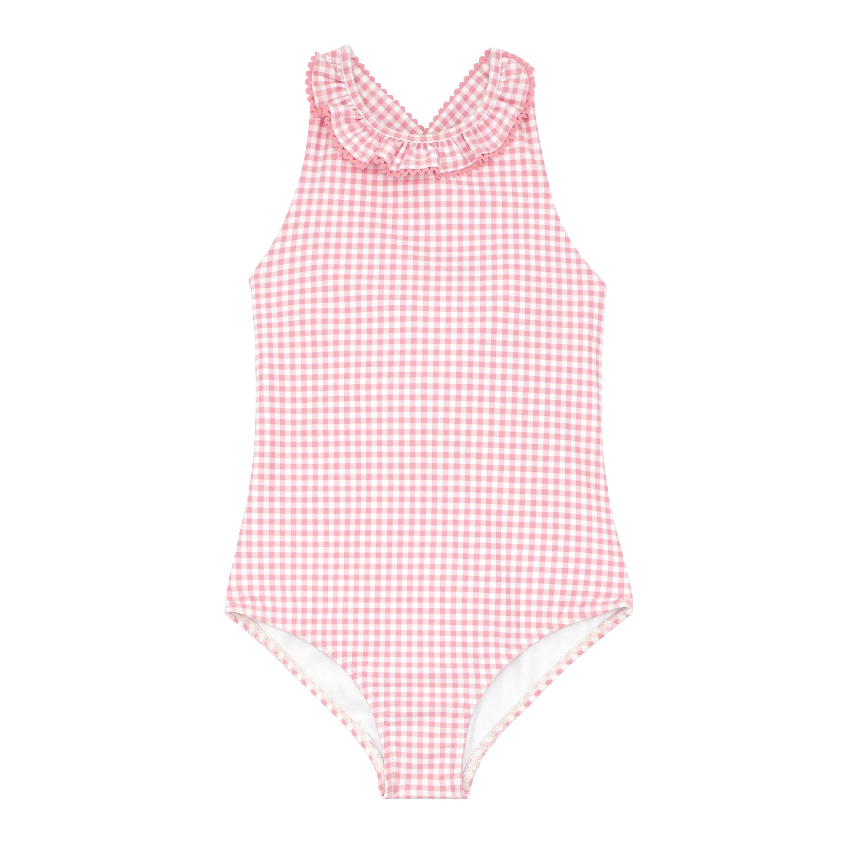 girls pink guava gingham ruffle neck one piece with back bow tie | minnow