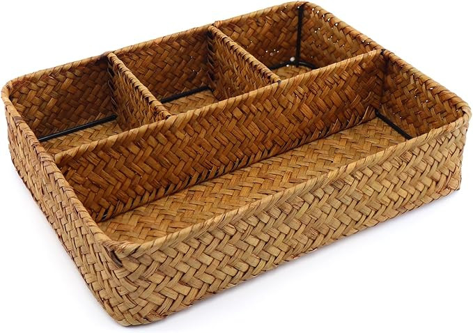 Wicker Baskets 4-Section Tea Bag/Sugar Packet Holder,Seagrass Woven Compartment Organizer,Storage... | Amazon (US)