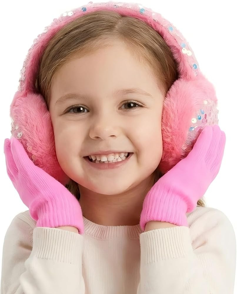 Ear Muffs Gloves Set for Kids, Winter Adjustable Sequins Warm Earmuffs for Kids Outdoor Cold Weat... | Amazon (US)