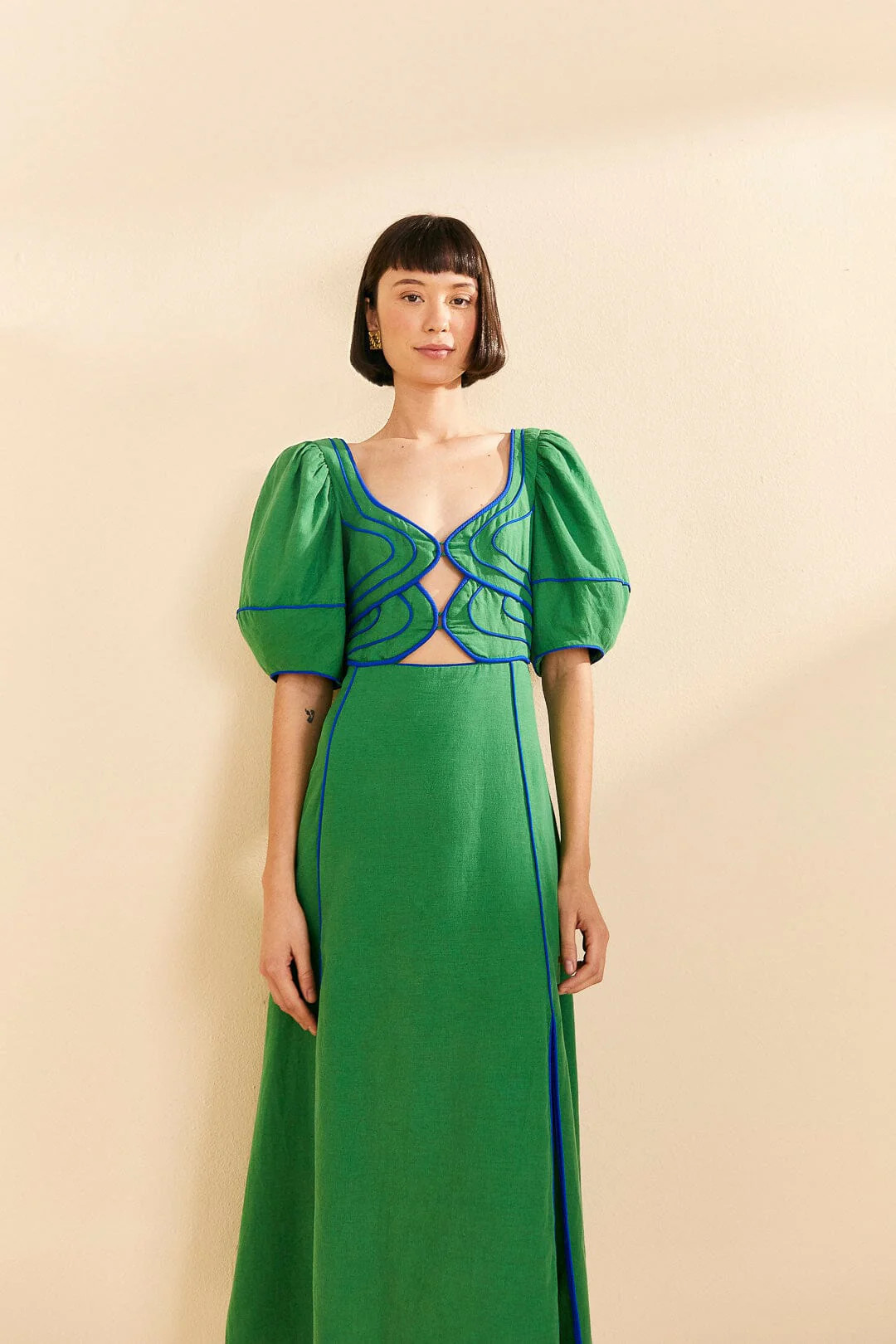 green topstitched midi dress | FarmRio (US)