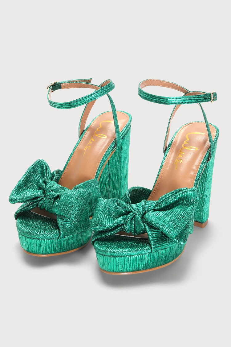 Lilsa Green Metallic Bow Platform Ankle Strap Heels | Lulus (US)