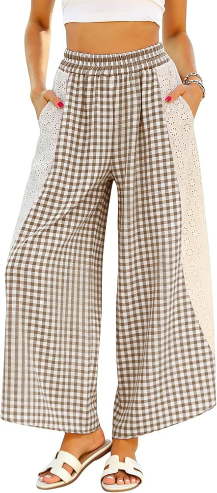 Athlisan Womens Summer Striped Gingham Wide Leg Lounge Pants Elastic Waist Beach Palazzo Trousers... | Amazon (US)