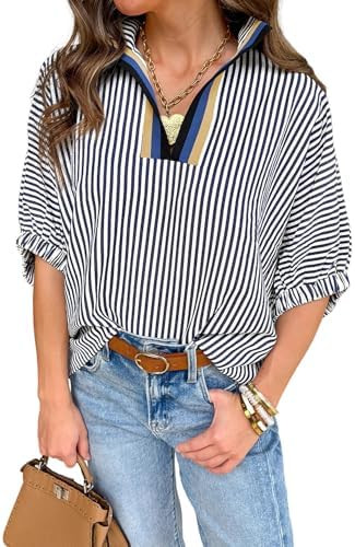 Samefar Womens Short Dolman Sleeve Tops Striped V Neck Summer Casual Loose Fit Blouses Business T... | Amazon (US)