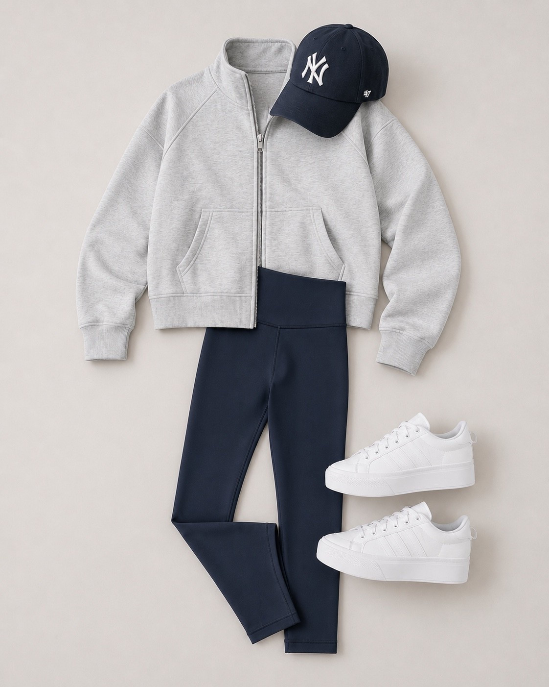 This is such an easy throw-on-and-go outfit for fall. The gray zip-up with navy leggings, white platform sneakers + a Yankees hat is the perfect comfy combo for errands, travel days or just everyday wear. Everything is linked in my LTK!

#LTKStyleTip #LTKFinds #LTKActive #AmazonFashion #FallOutfit #AthleisureStyle #CasualOutfit

#LTKootd #LTKActive
