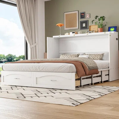 Queen Size Murphy Bed Wall Bed with drawer and a set of Sockets & USB Ports, Pulley Structure Design, White | Wayfair North America