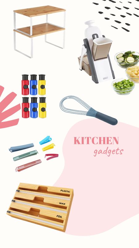 Kitchen gadgets:
Twisting whisk
3-in-1 wrap organizer 
Mandolin slicer
Cabinet organizer shelf
Bag clips
