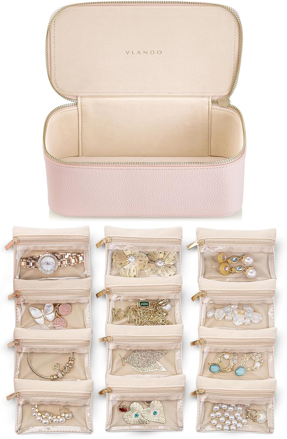 Vlando Jewelry Box Organzier for Travel,Jewelry Case with 12 Pcs Velvet Jewelry Bags for Earrings... | Amazon (US)