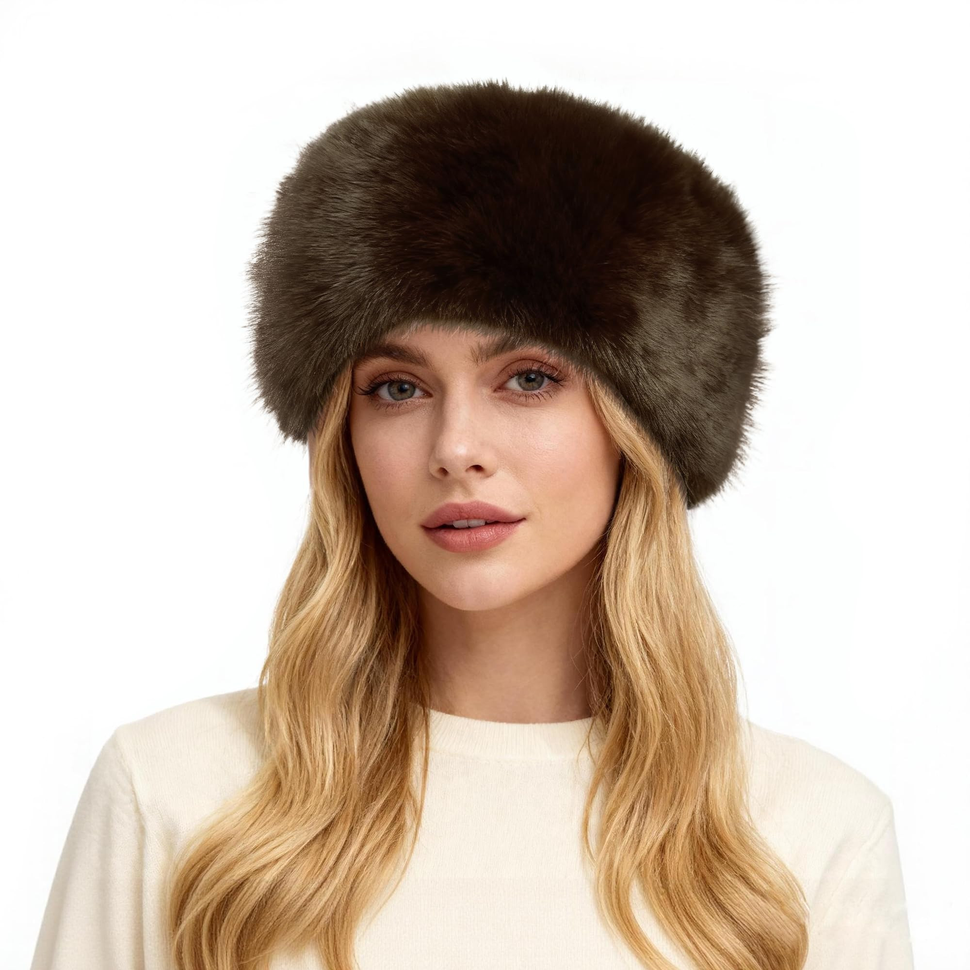 HH HOFNEN Faux Fur Headband for Women Winter Fur Hat with Stretch Ear Warmer Earmuff Brown | Amazon (US)