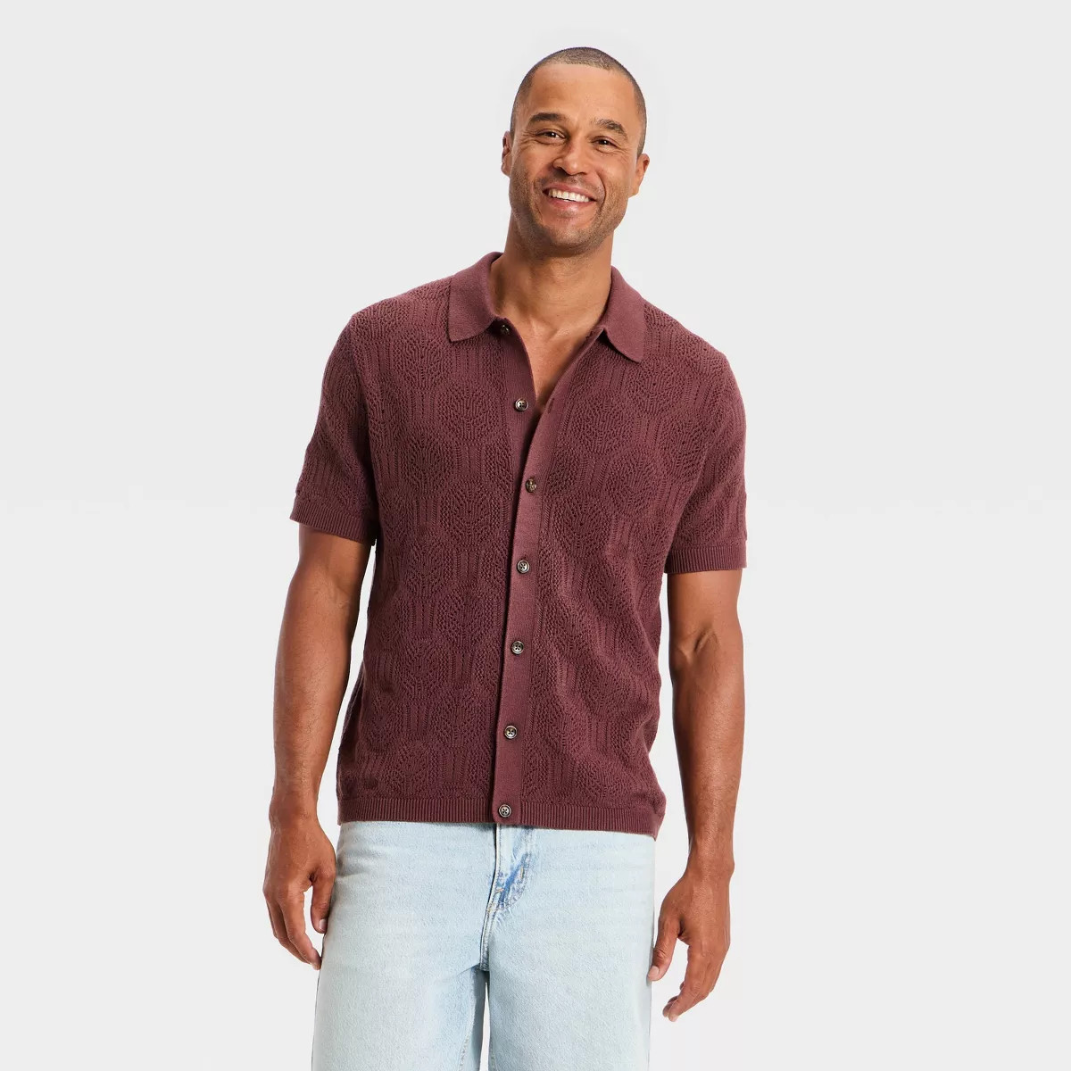 Men's Short Sleeve Open Work Crochet Polo Sweater - Goodfellow & Co™ Brown L | Target