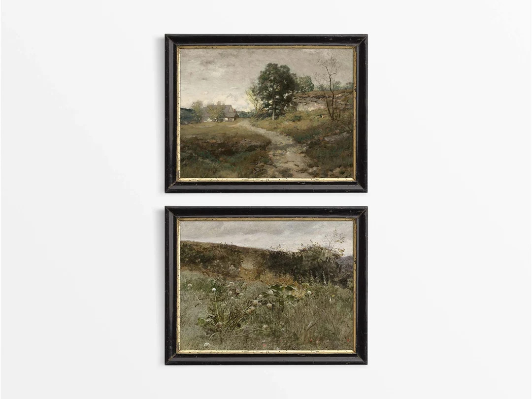 Set of Two Rustic Countryside Oil Paintings, Vintage Meadow Landscape Wall Art, Moody Antique Far... | Etsy (US)