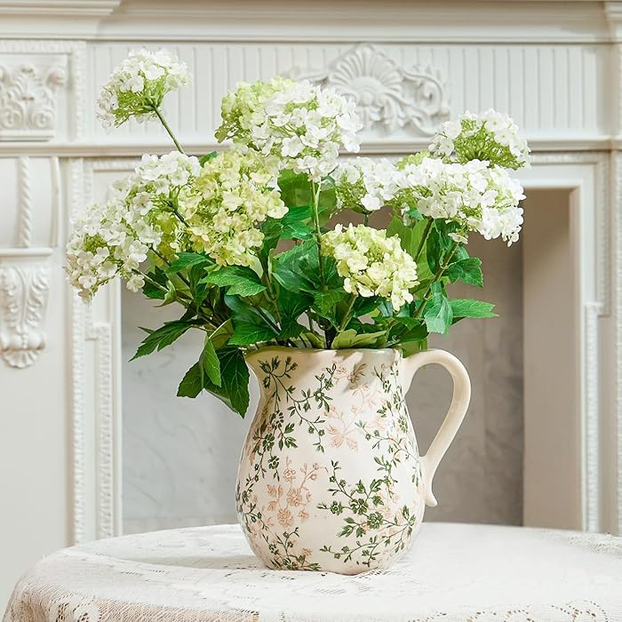 Ceramic Green and White Floral Vase with Handle, Rustic Farmhouse Pitcher Flower Vase, Chinoiseri... | Amazon (US)