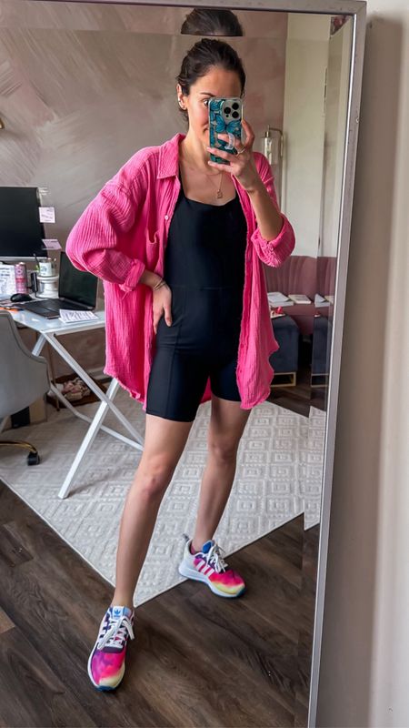 Oversized pink button down from aerie over black athletic jumpsuit from Abercrombie 🖤

Black Abercrombie romper // YPB jumpsuit // aerie swimsuit cover up // pink button down 

#LTKFitness #LTKSwim #LTKSeasonal