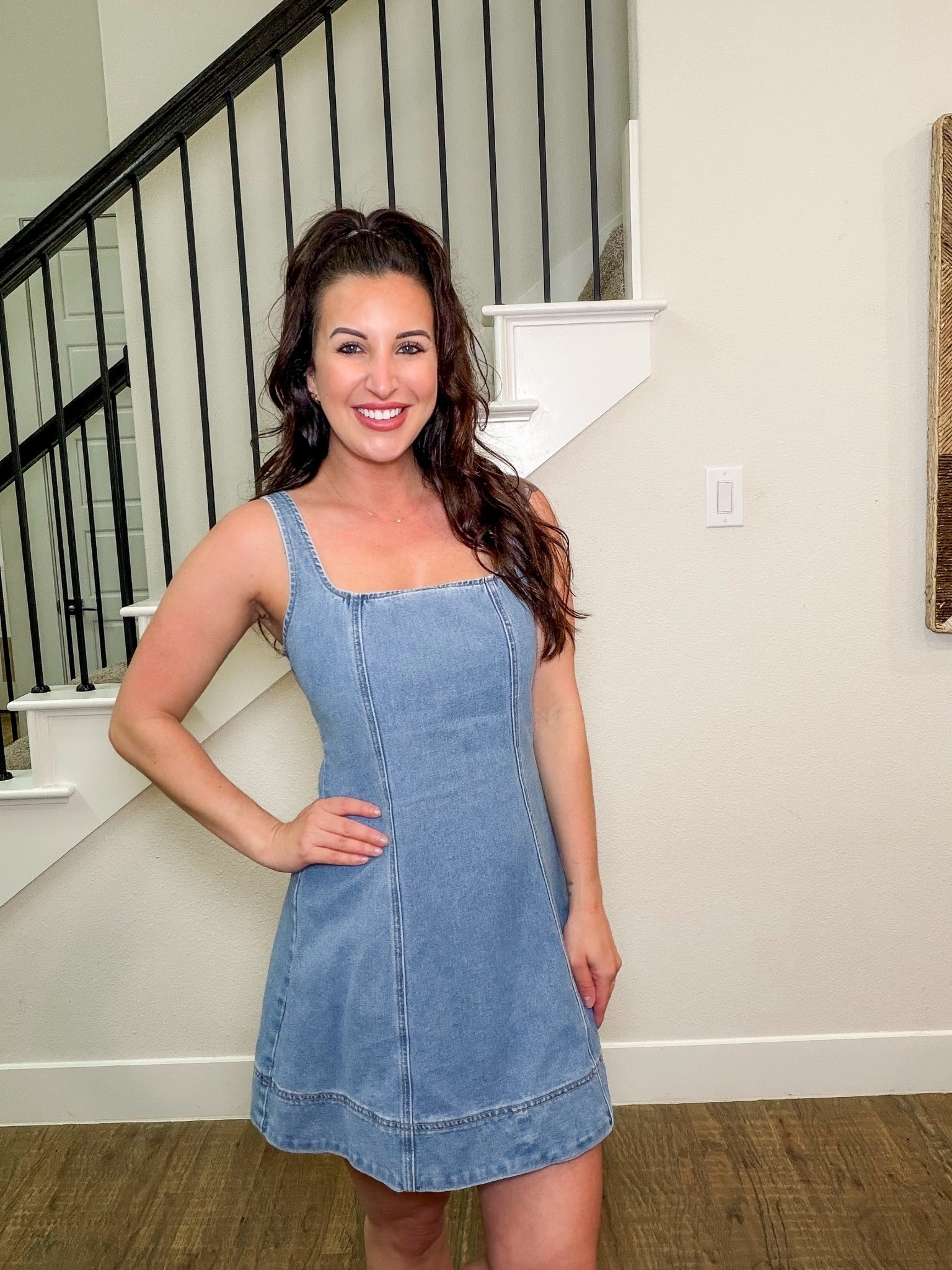 Summer denim flare dress 
ISLE15 for 15% off 
140 lbs 5’6 wearing a small 