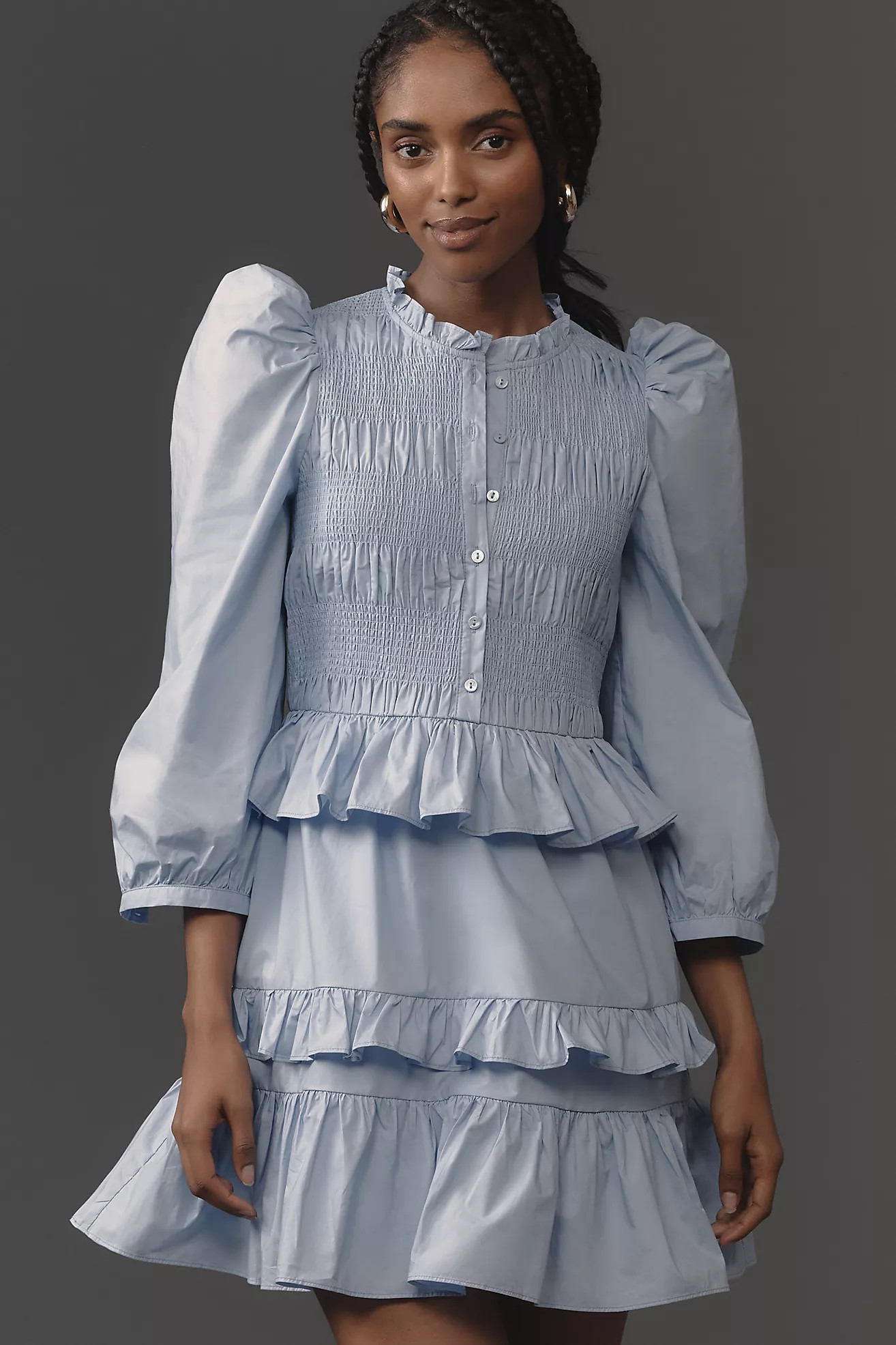 English Factory Puff-Sleeve Smocked Ruffled Mini Dress | Anthropologie (US)