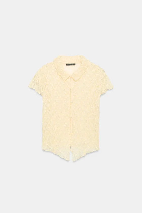 Model height: 169 cmTop crafted from semi-sheer fabric. Featuring a regular collar, short sleeves... | Zara NL