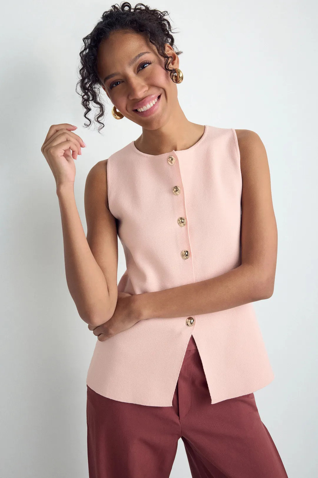 Sleeveless Crew Neck Button Down Vest | Rent the Runway