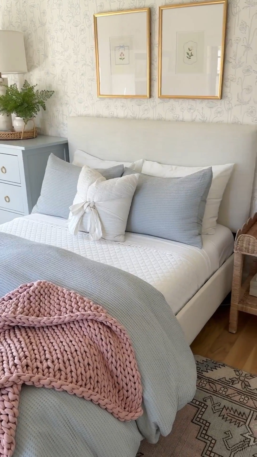 Shop my daughters, soft blue, white and blush pink bedroom! I love her blue and white floral wallpaper from Serena and Lily and her layered bedding with blue waffle duvet cover. Her throw blanket is a chunky weighted blanket for kids from Bearaby and it helps her calm down and fight nighttime worries. I warmed up the space with this scalloped woven nightstand from Serena and Lily and was worth the splurge!

#LTKKids #LTKFindsUnder100 #LTKHome