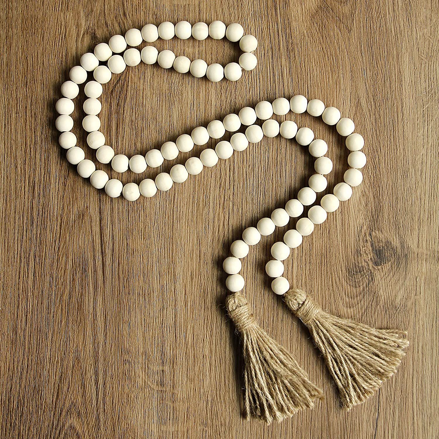 58in Wood Bead Garland with Tassels,Farmhouse Beads Rustic Country Decor Prayer Boho Beads Wall H... | Amazon (US)