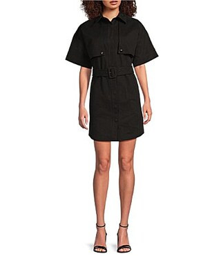 Le' AL.X Short Sleeve Snap Collar Belted Mini Shirt Dress - XL | Dillard's