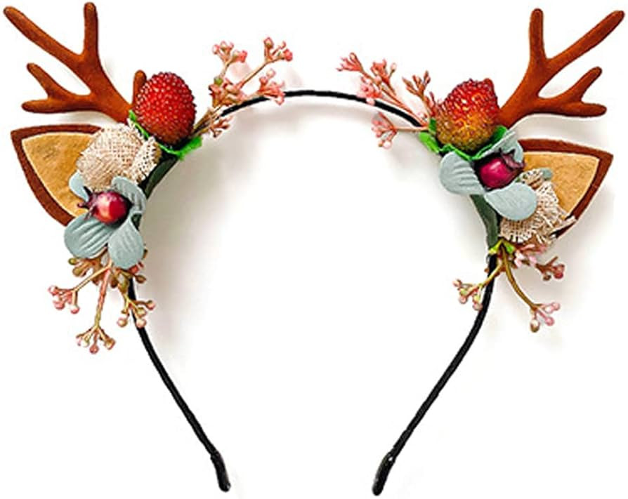 Christmas Reindeer Antler Headband Xmas Flower Antler Ears Hair Band for Women Girls Party Favors | Amazon (US)