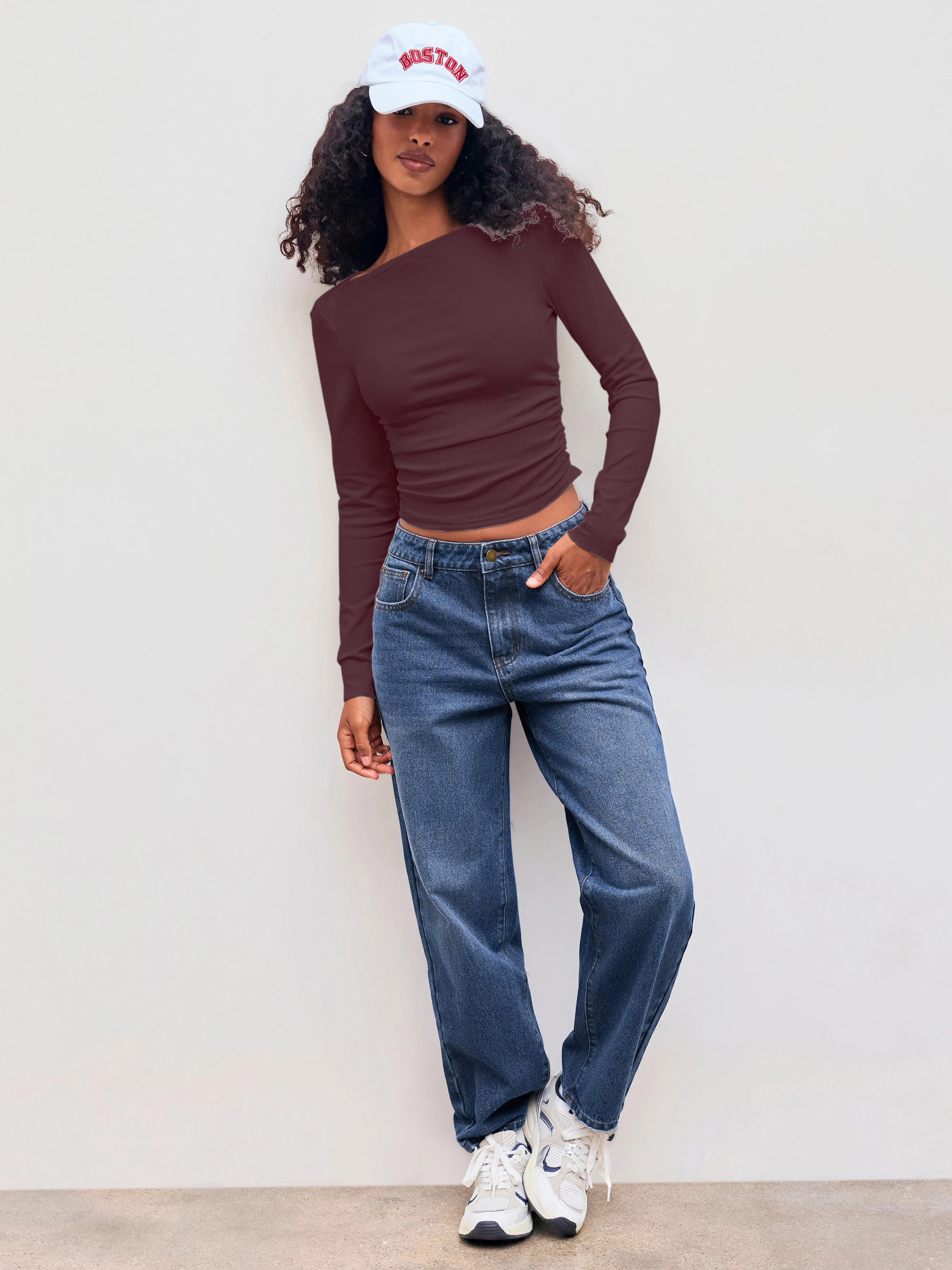 Basic & Thermal Valentine Knit Fabric Cotton Cotton-blend Boat Neck Solid Ruched Long Sleeve Tee ... | Cider