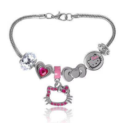 Sanrio Hello Kitty 7'' Fashion Charm Bead Bracelet with Pink Enamel and Crystal Beads | Target
