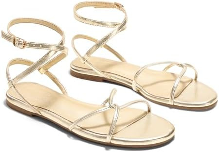 Coutgo Womens Flat Sandals Strappy Open Toe Cross Lace Up Ankle Strap Summer Dressy Beach Shoes | Amazon (US)