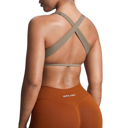 Aoxjox Women's Workout Sports Bras Square Neck Emma Cross Back Fitness Training Gym Bra Yoga Crop Tank (Driftwood, Large) | Amazon (US)