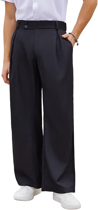 OYOANGLE Men's Pleated High Waist Wide Leg Pants Loose Fit Casual Pants with Pocket | Amazon (US)