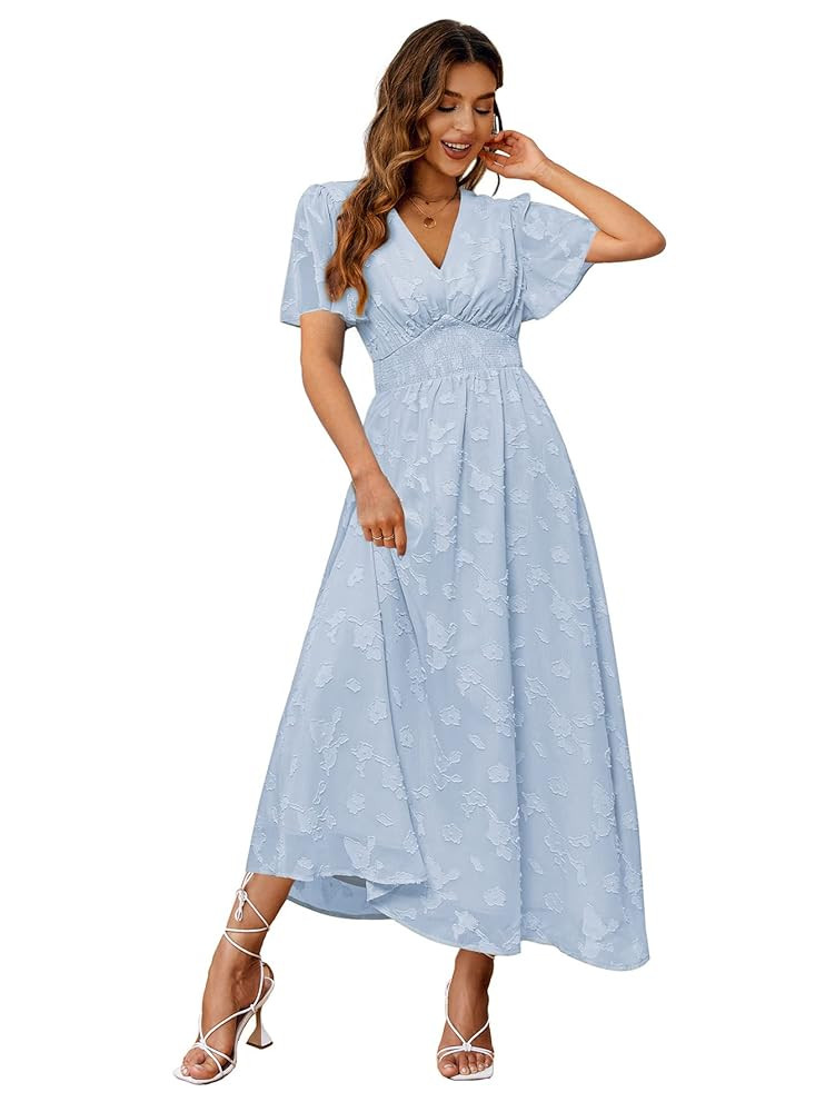 Simplee Women's Boho Floral Maxi Dress Flowy Casual V Neck Short Sleeve Wedding Guest Holiday Bea... | Amazon (US)