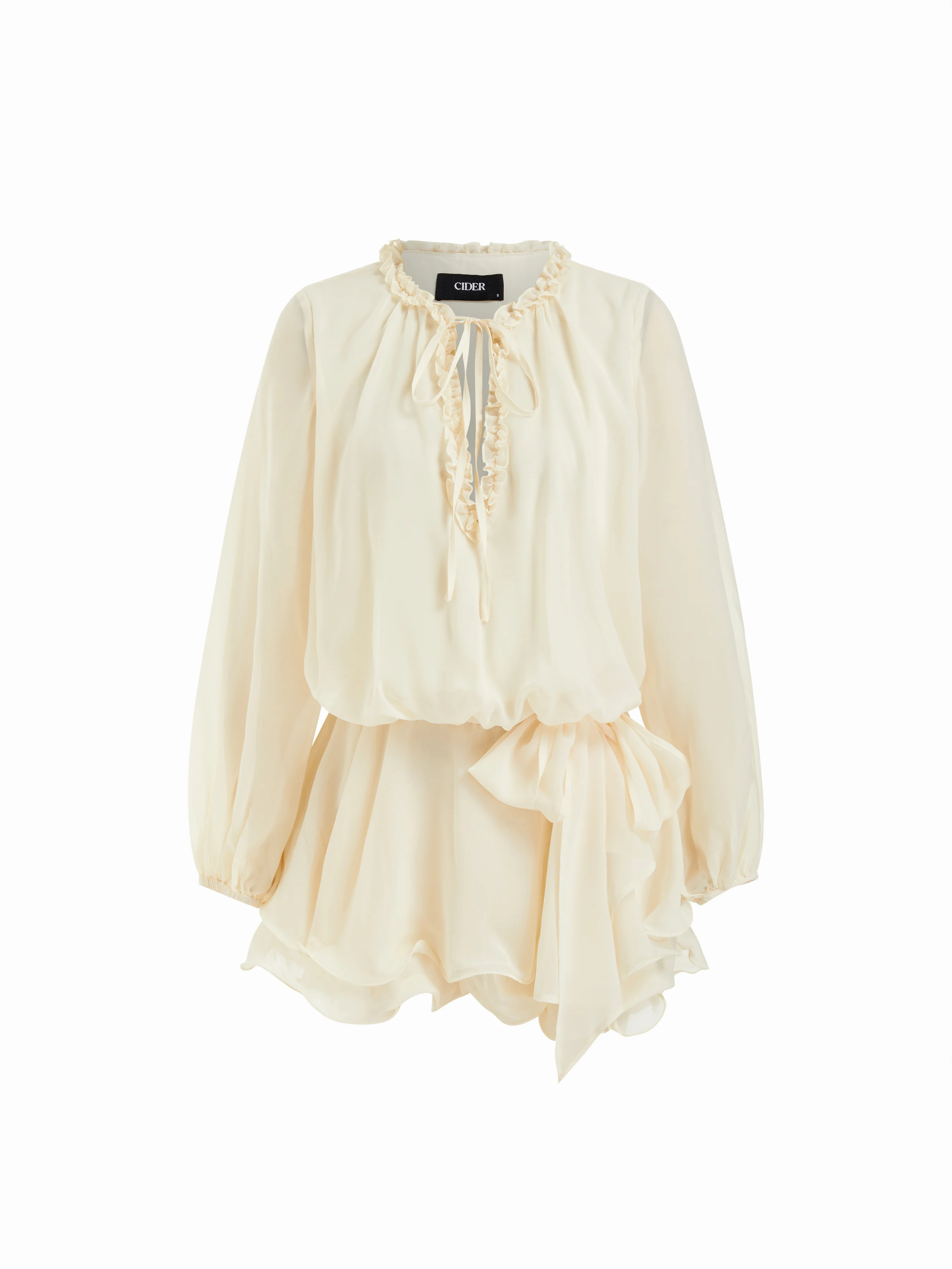 Chiffon Chiffon V-Neck Puff Sleeve Ruffled Babydoll Mini Dress For Daily Casual Date | Cider