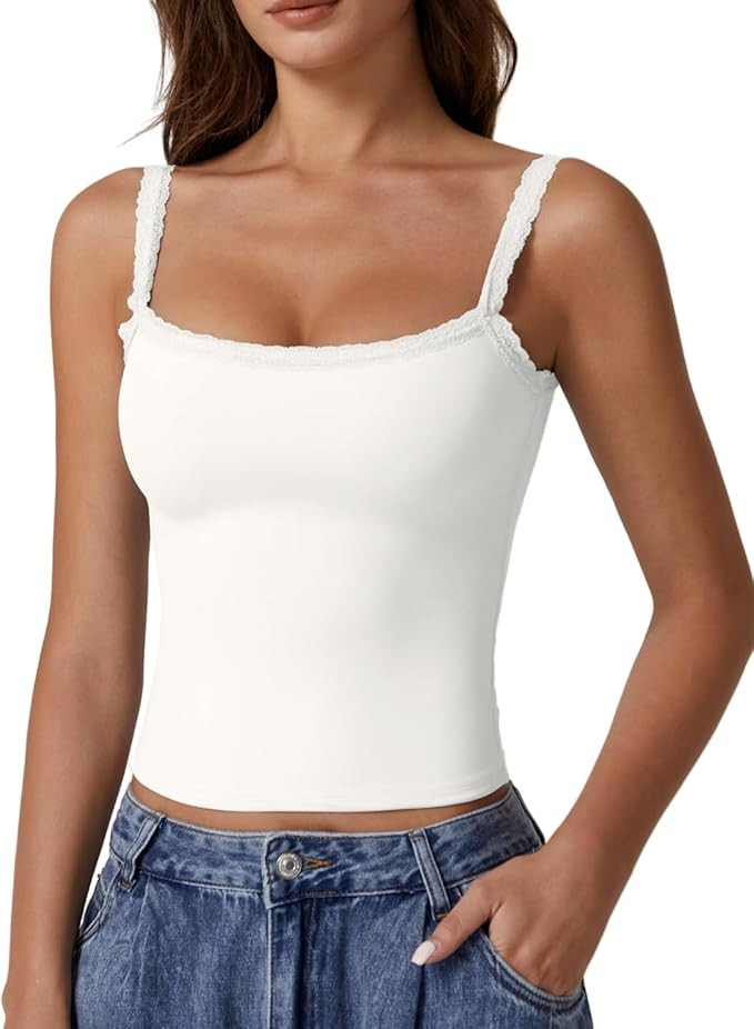 QINSEN Womens Square Neck Lace Trim Tank Top Double Lined Slim Fitted Y2k Going Out Camisole Shir... | Amazon (US)