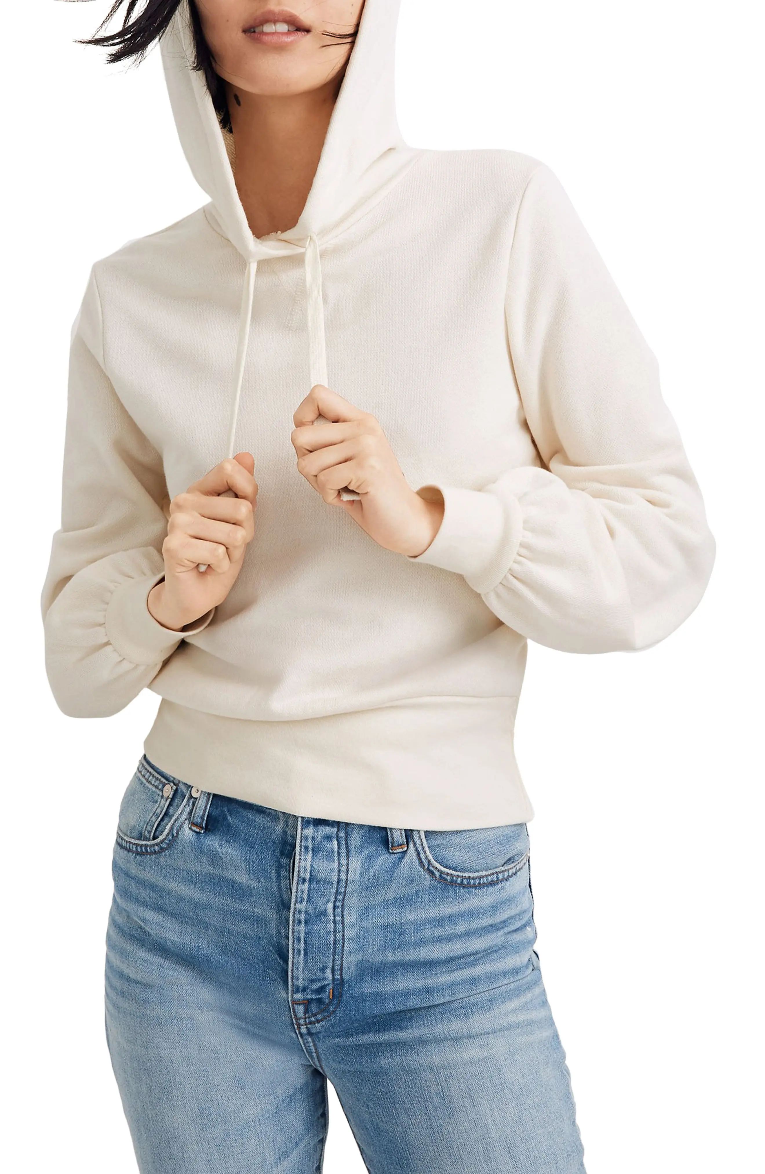 Women's Madewell Bubble Sleeve Hoodie Crop Sweatshirt, Size X-Small - Ivory | Nordstrom