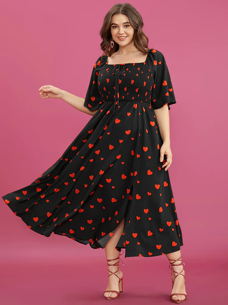 Heart Print Knotted Square Neck Pocket Shirred Split Flutter Dress | Bloomchic