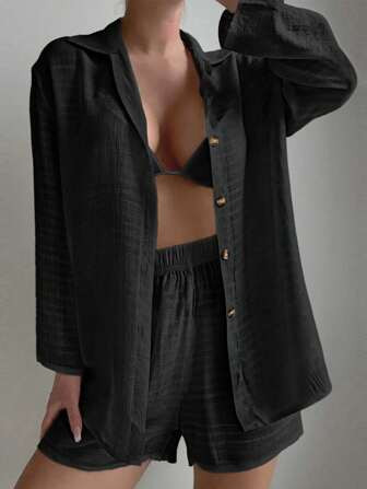 SHEIN Swim Summer Beach 2Pcs Women Loose Casual Plain Long Sleeve Single-Breasted Shirt And Short... | SHEIN