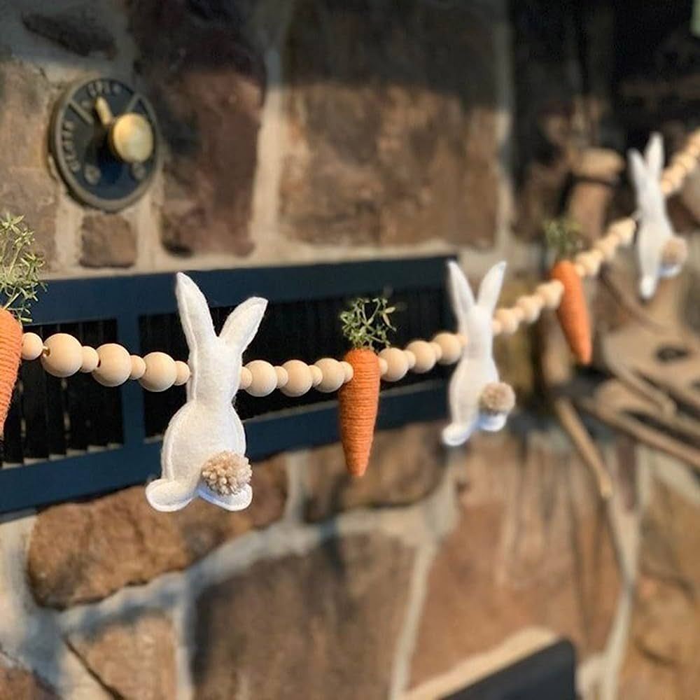 Easter Garland Bunny Carrot Beaded Felt Garland for Mantle Tree Decors Tiered Tray Decorations, 2... | Amazon (US)
