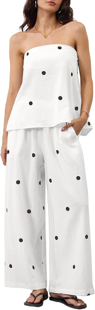 Women 2 Piece Polka Dot Tube Top Set Strapless Bandeau Blouse Wide Leg Spot Print Pants Outfits S... | Amazon (US)