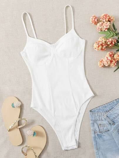 SHEIN Solid Bustier Rib-knit Bodysuit | SHEIN