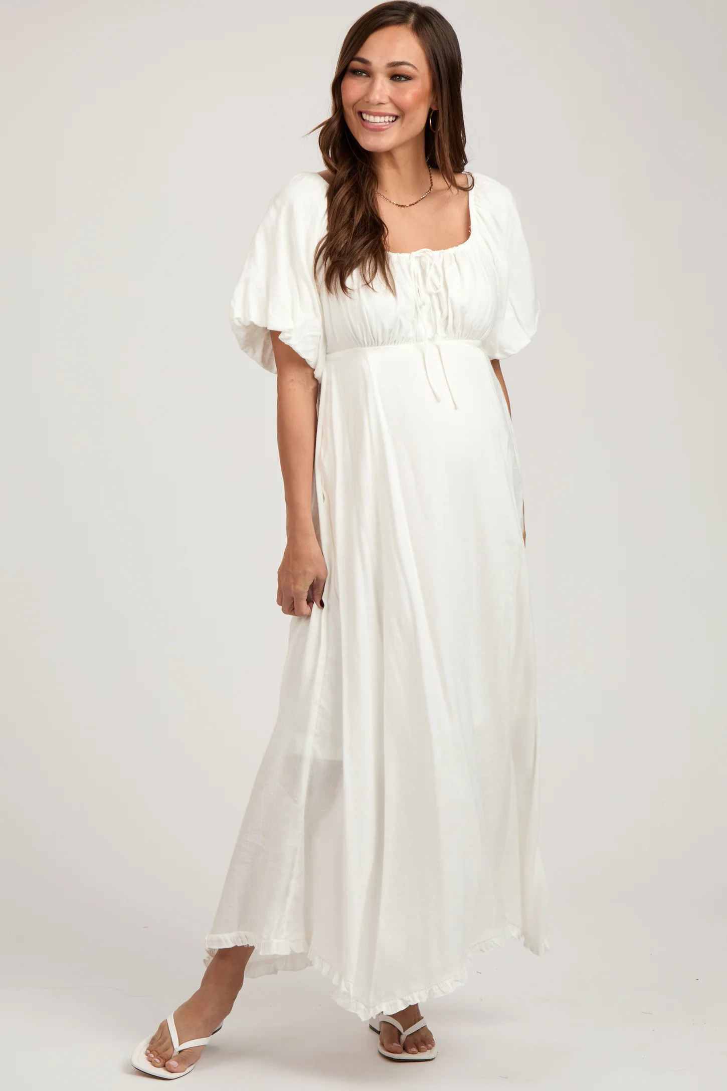 White Front Tie Puff Sleeve Maternity Maxi Dress | PinkBlush Maternity