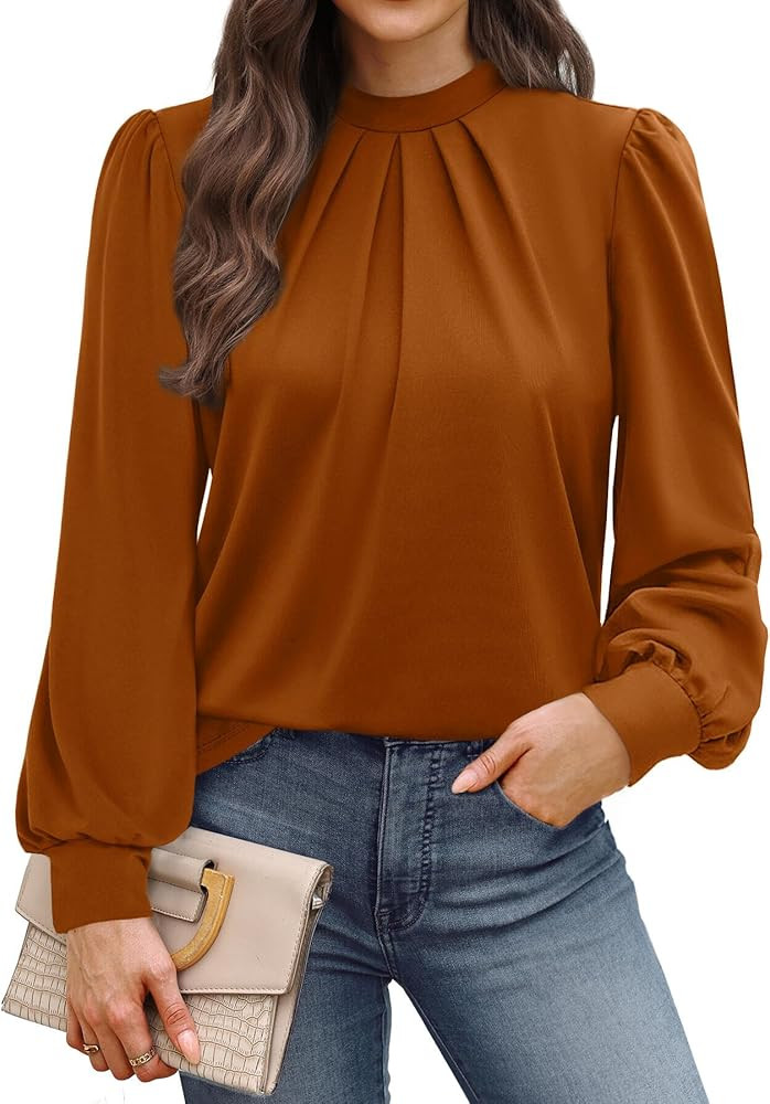 WIHOLL Long Sleeve Shirts for Women Mock Neck Tops Pleated Front Blouses Dressy Casual Fall Cloth... | Amazon (US)