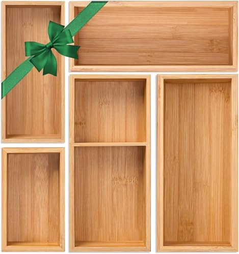Bamboo Drawer Organizer 5 Pcs for Kitchen Multi-purpose Storage Dividers for Kitchen, Office, Jewelry, Cosmetics, Wooden Drawer Dividers for Drawer Organizer Desk Organizer Gift for Women Gifts Idea | Amazon (US)