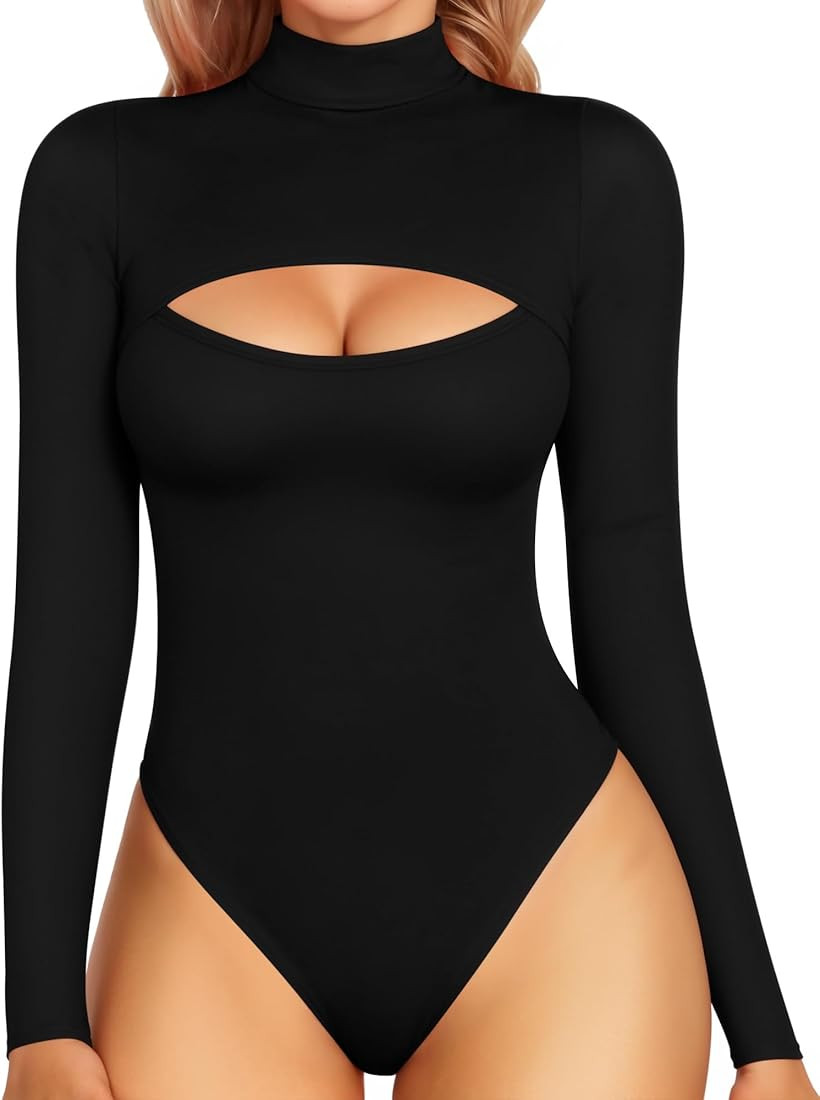 MANGOPOP Mock Neck Cutout Front Top Long Sleeve Sleeveless Bodysuits for Women | Amazon (US)