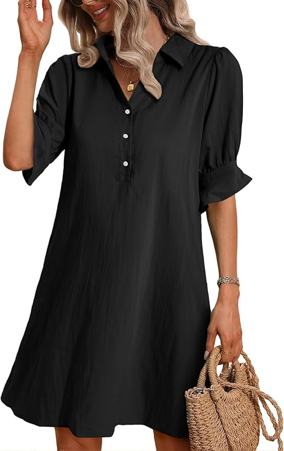 FENSACE Womens Casual Shirt Dress Ruffle Sleeve Button Down Shift Summer Dresses with Pockets | Amazon (US)
