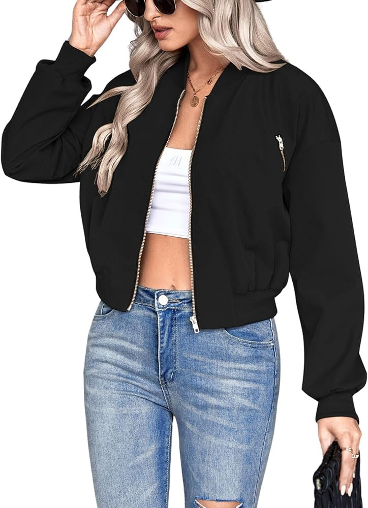 Verdusa Women's Cropped Bomber Jackets Casual Lightweight Jacket Zip Up Long Sleeve Coat | Amazon (US)