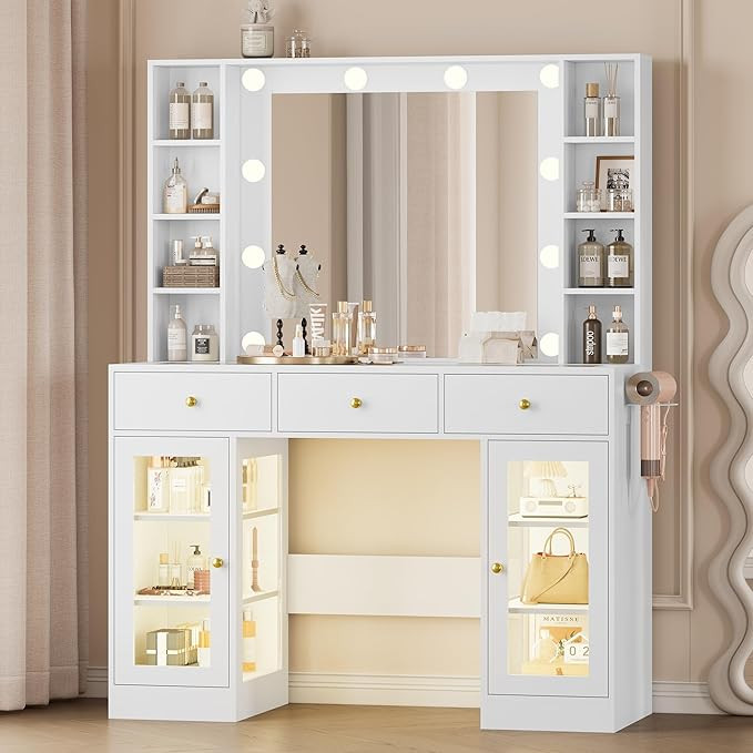 Makeup Vanity Desk with Mirror and Lights, White Vanity with Glass Top, LED Lights & Power Outlet... | Amazon (US)