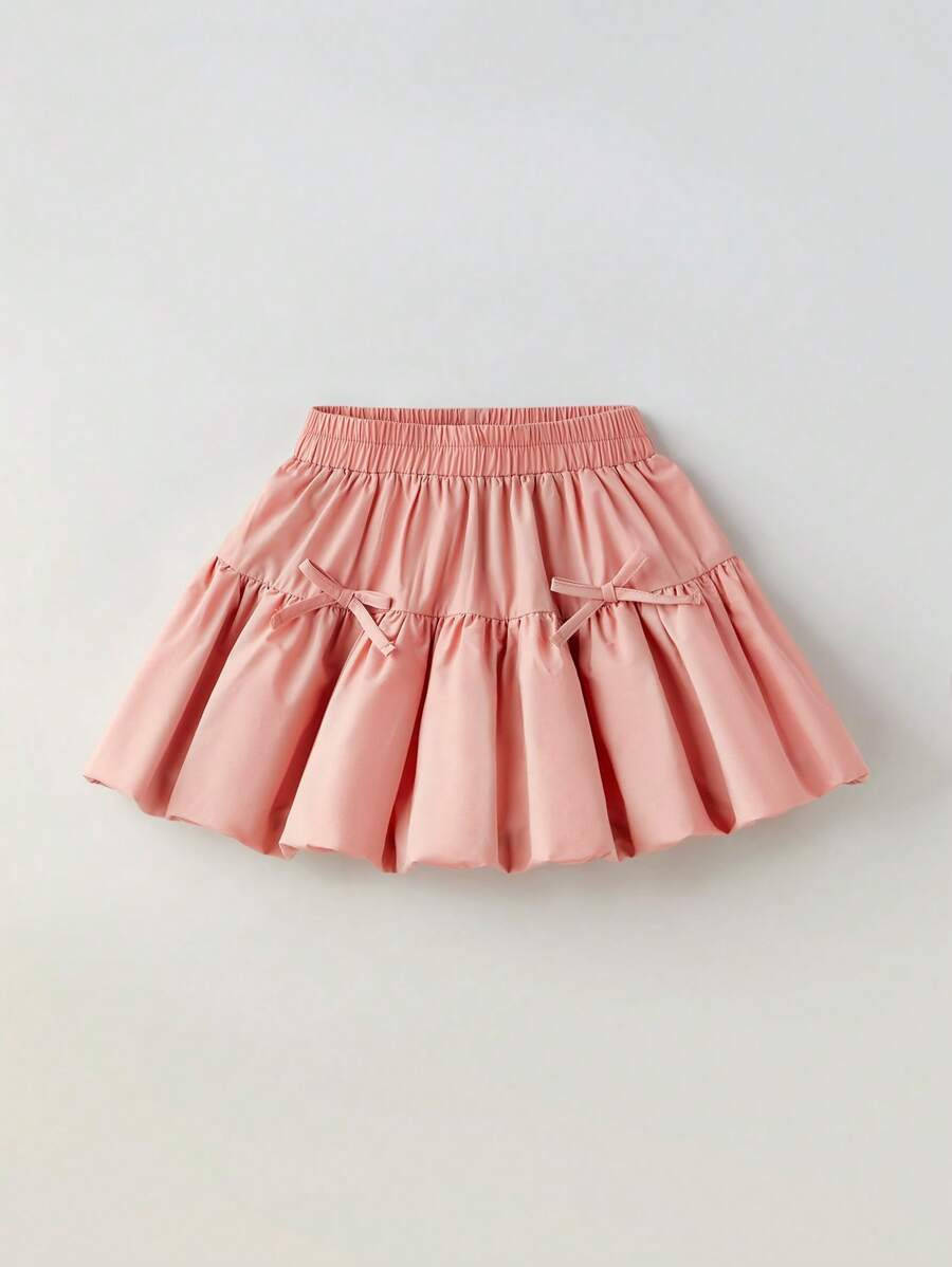 Maija Spring & Summer Young Girl Minimalist Patchwork 3D Cute Bubble Bud Skirt With Decorative Bo... | SHEIN