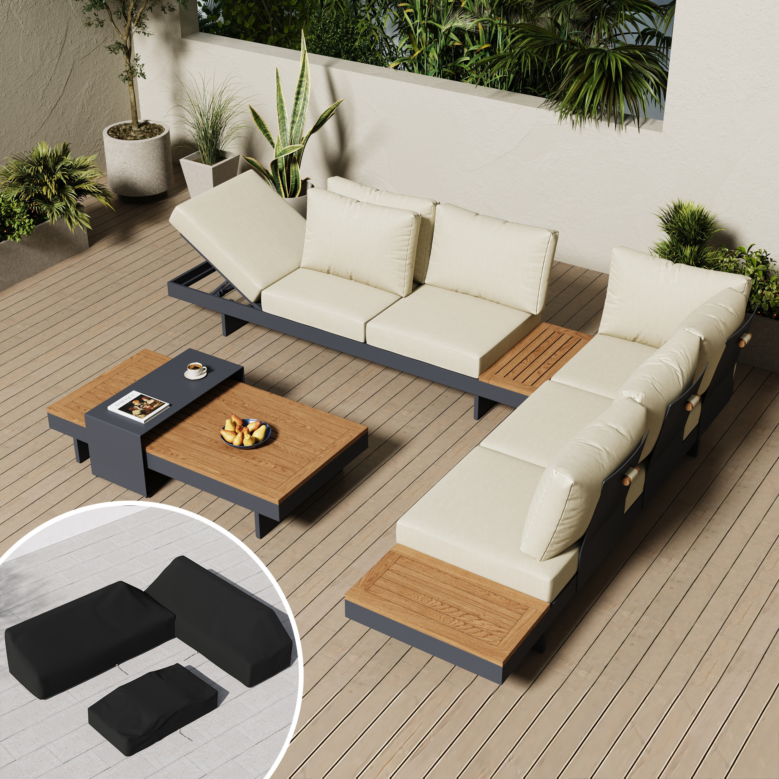 4-Piece Modular Outdoor Sofa Set for 6 with Teak Table & Beige Cushions, Includes Protective Covers | Homary