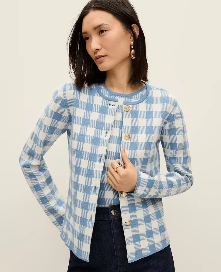 Gingham Jacquard Sweater Jacket | Ann Taylor