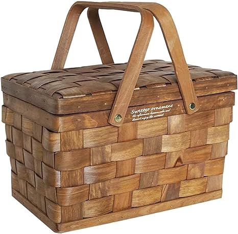 Picnic Basket with Wood Lid, Movable Handles Picnic Basket, Natural Eco Friendly Woven Woodchip B... | Amazon (US)